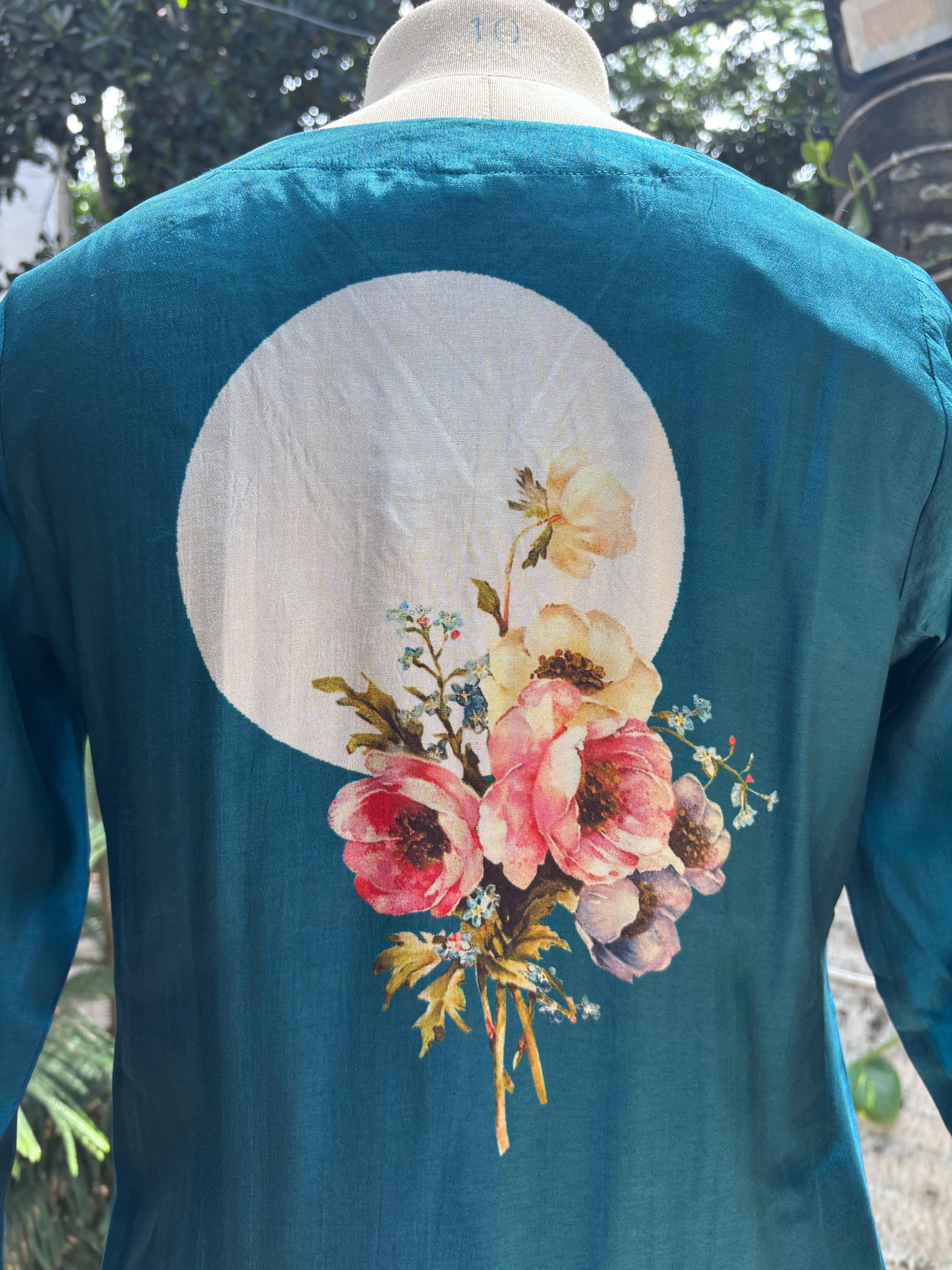 Digital Floral Print V-Necked A-Line Full Suit Set With Dupatta In Russian Silk Fabric- 11572