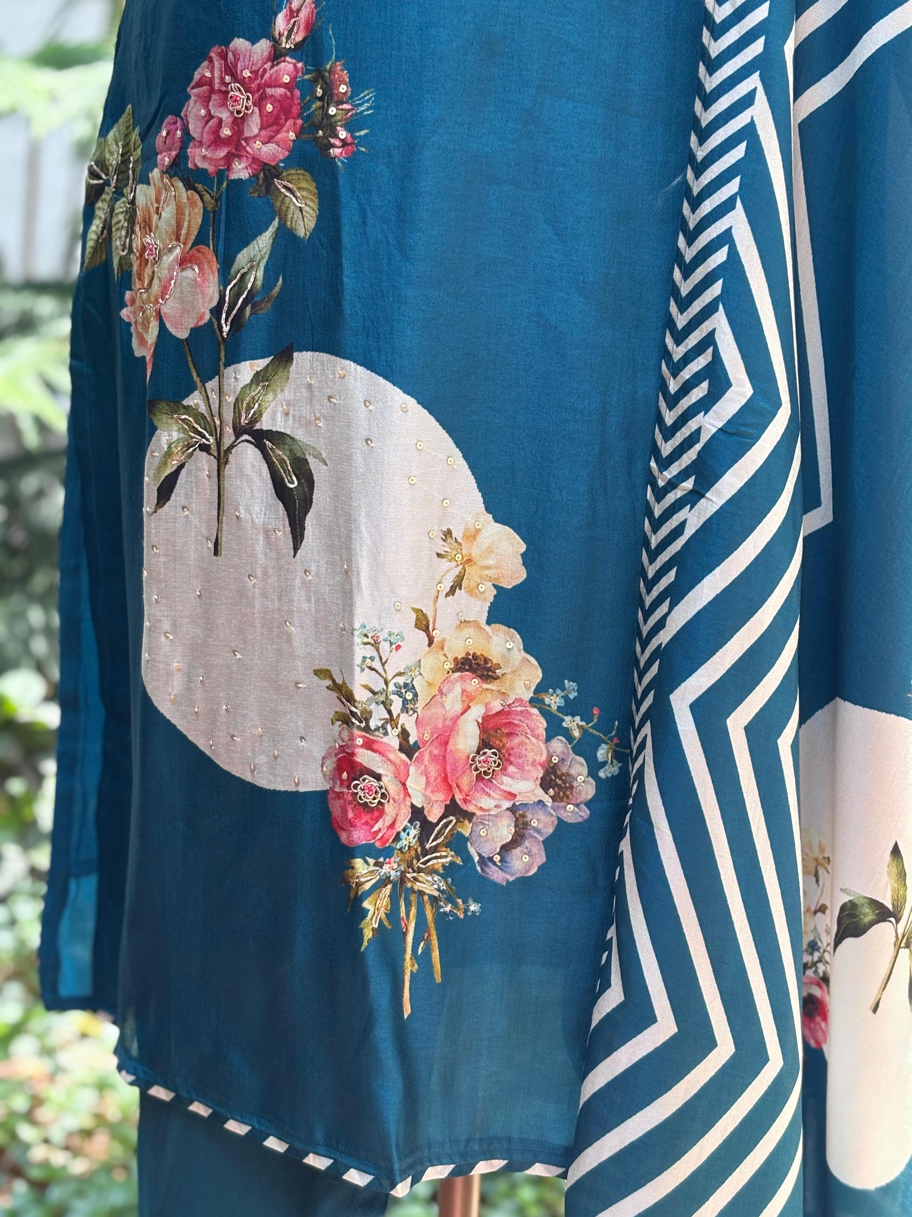 Digital Floral Print V-Necked A-Line Full Suit Set With Dupatta In Russian Silk Fabric- 11572