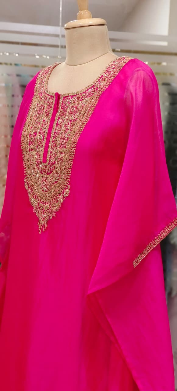 Vibrant Tone Premium Zardosi Crystal Hang Tissue Organza Kaftan With Crepe Inner & Simple Bottom