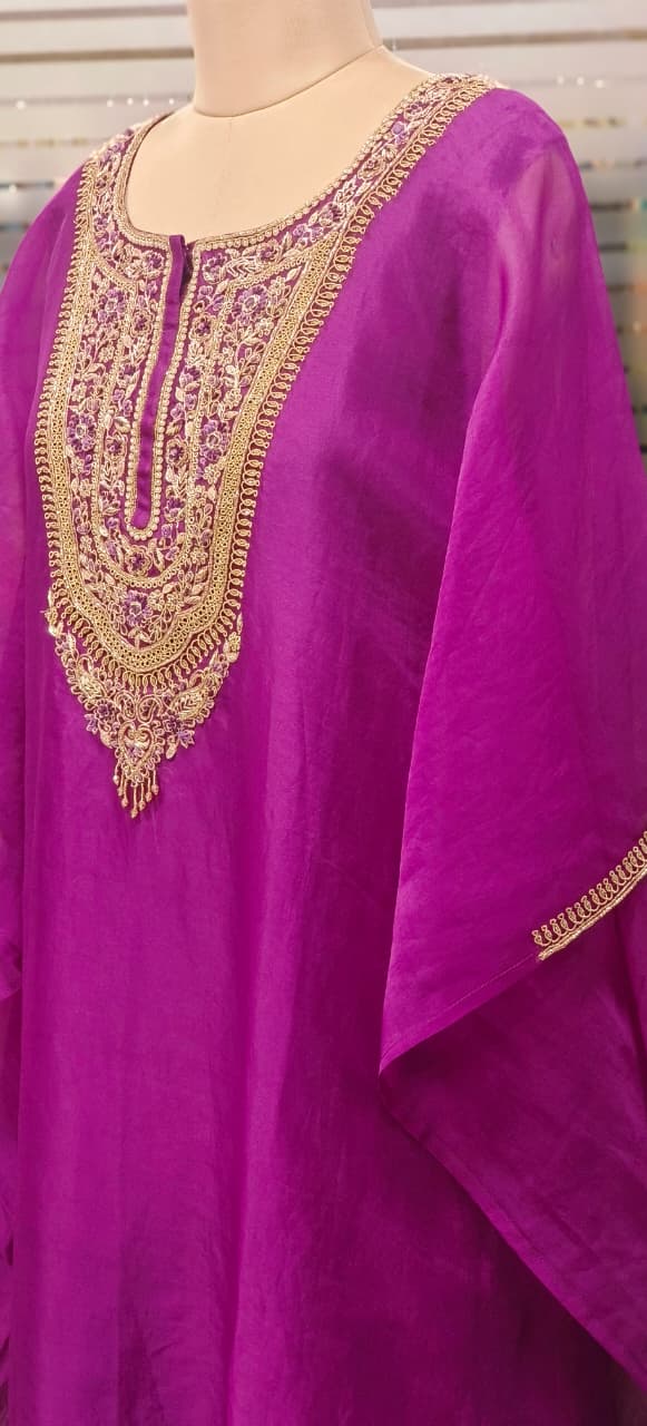 Vibrant Tone Premium Zardosi Crystal Hang Tissue Organza Kaftan With Crepe Inner & Simple Bottom