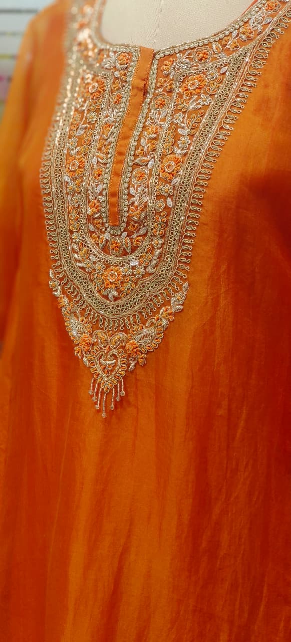 Vibrant Tone Premium Zardosi Crystal Hang Tissue Organza Kaftan With Crepe Inner & Simple Bottom
