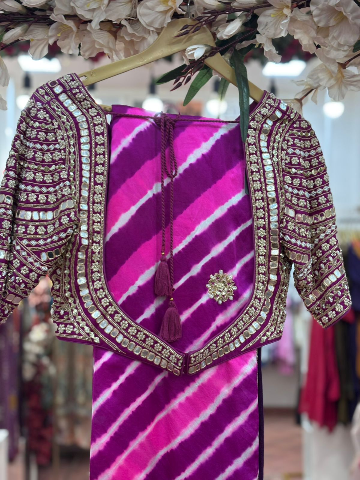 Beautifully V-Necked Heavy Handwork Blouse With Very Flowy Leheriya Designer Saree