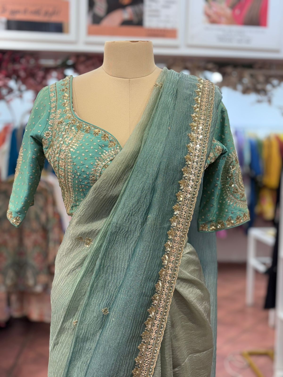 Very Pretty Hand Worked Deep Back Blouse Designer Saree In Crush Tissue Fabric