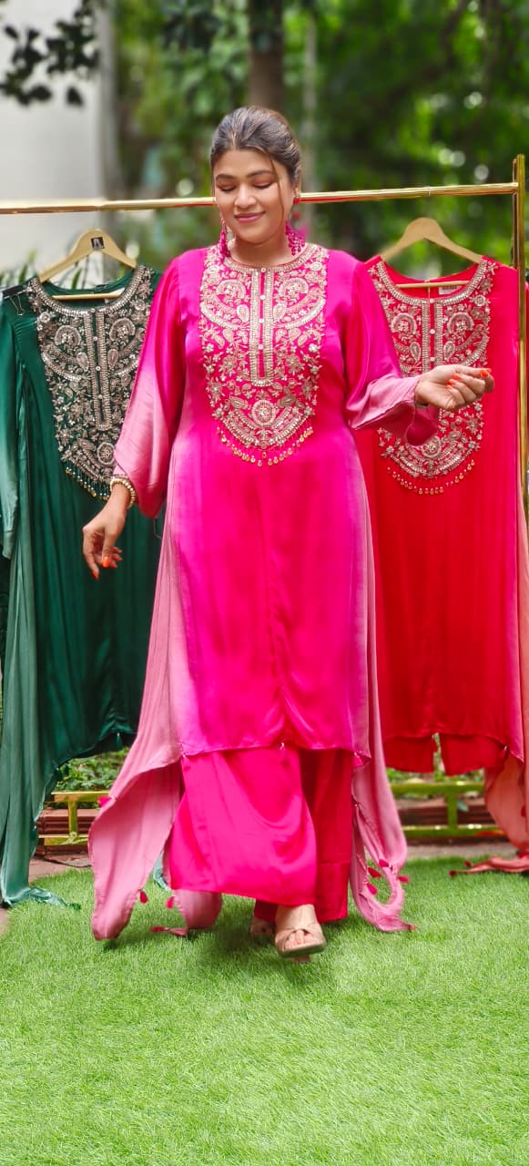 Very Beautiful Handworked Yoke With Crystal Tassel Hang Ombre Look Kurta Pant Set In Pure Gajji Satin Fabric- 11624, 11625, 11626