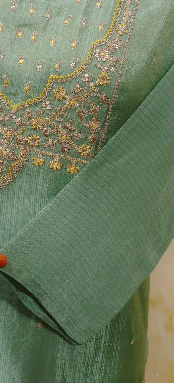 Very Elegant Sober Look Shimmery Front Yoked Full Suit Set With Dupatta In Tissue Fabric- 11664