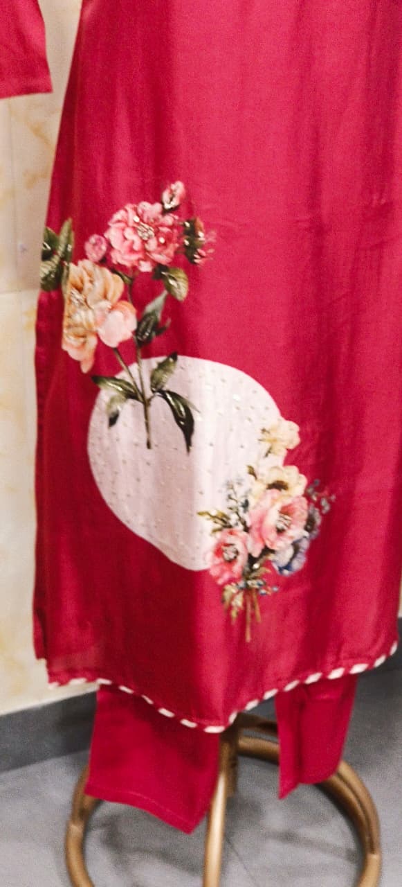 Digital Floral Print V-Necked A-Line Full Suit Set With Dupatta In Russian Silk Fabric- 11572