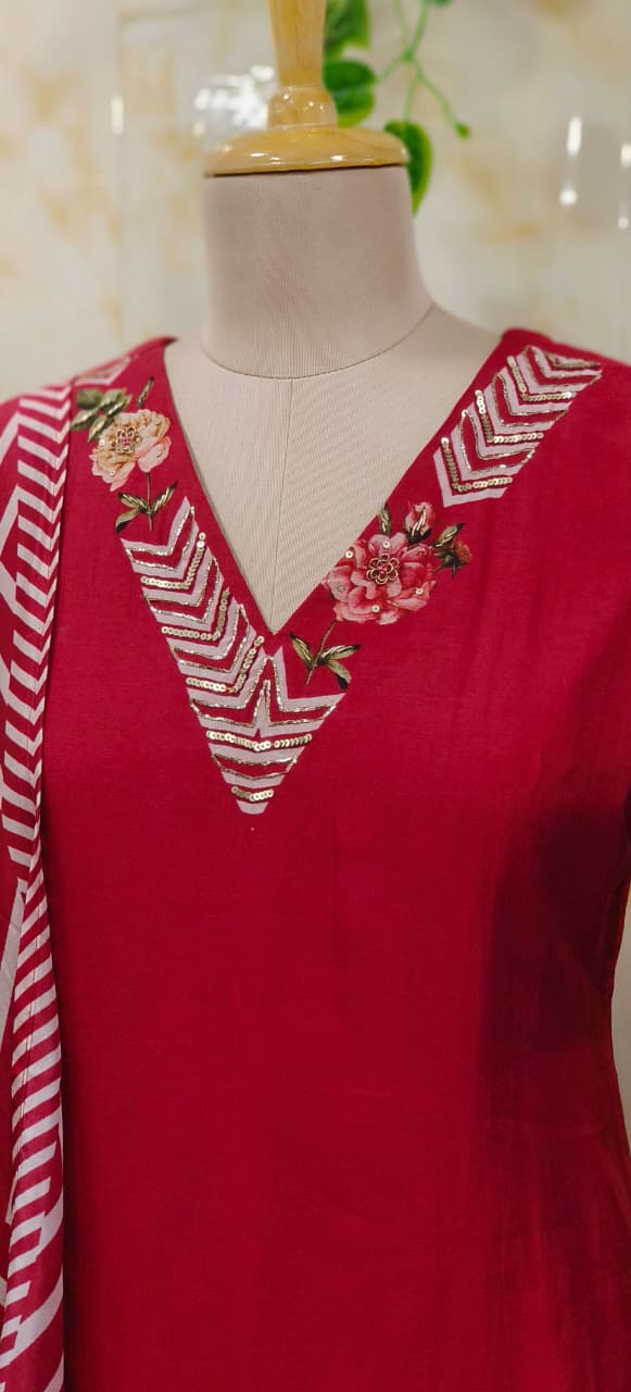 Digital Floral Print V-Necked A-Line Full Suit Set With Dupatta In Russian Silk Fabric- 11572