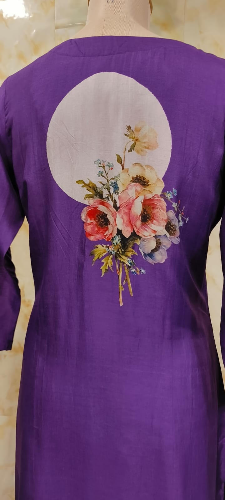 Digital Floral Print V-Necked A-Line Full Suit Set With Dupatta In Russian Silk Fabric- 11572