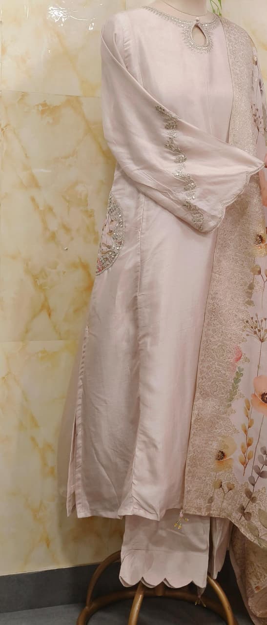 Floral Pocket Look Panel A-Line Full Suit Set With Flower Prints Dupatta In Silk Fabric- 11706