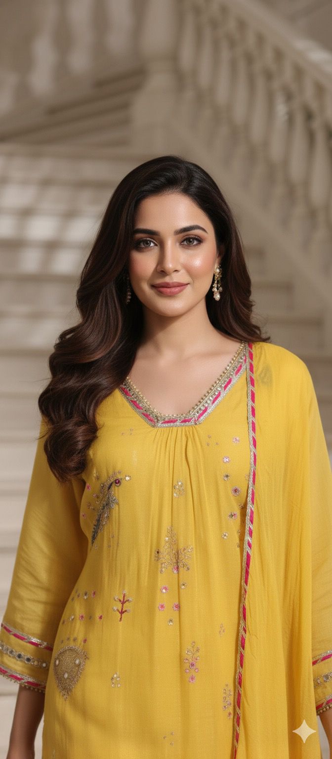 Beautiful Real Mirror V-Neck Embroidered Full Suit Set With Dupatta In Mul Chanderi Fabric- 10795, 10796