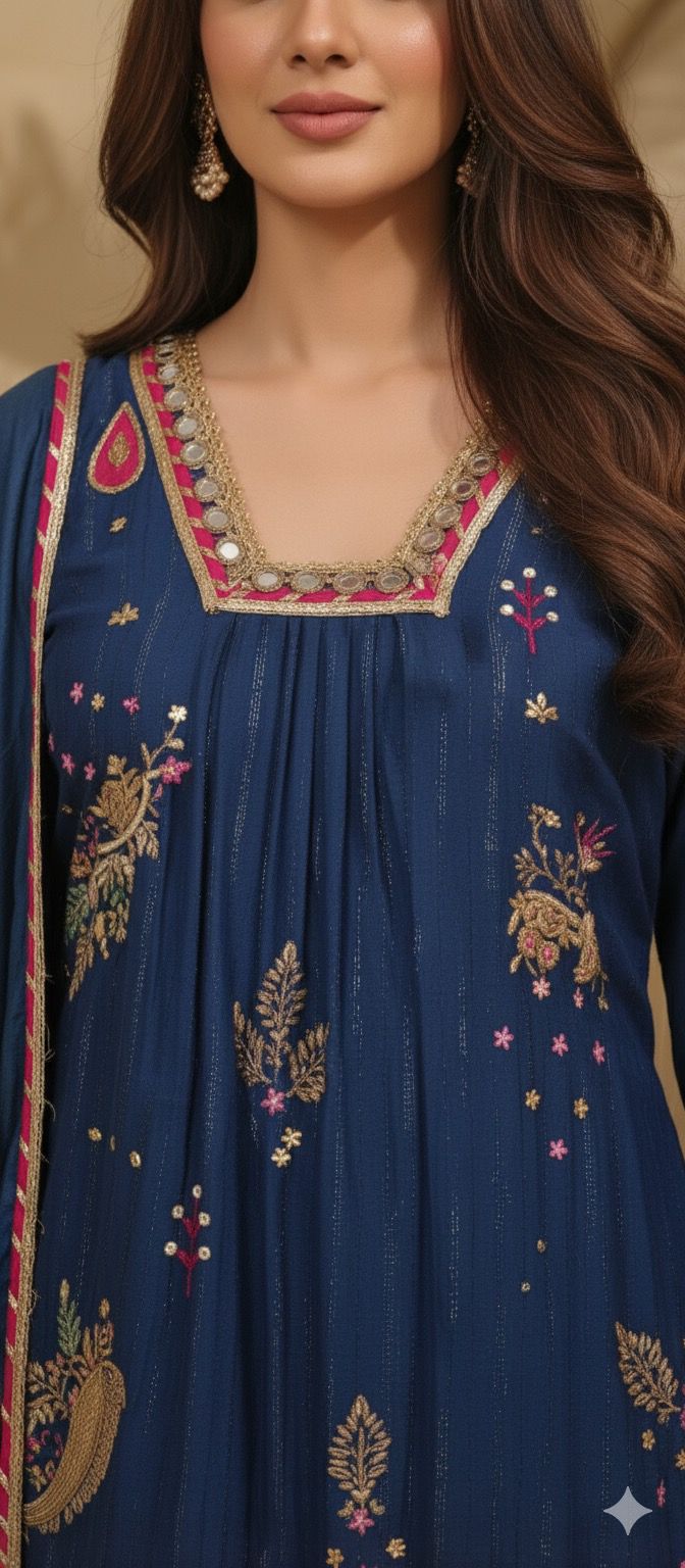 Beautiful Real Mirror V-Neck Embroidered Full Suit Set With Dupatta In Mul Chanderi Fabric- 10795, 10796