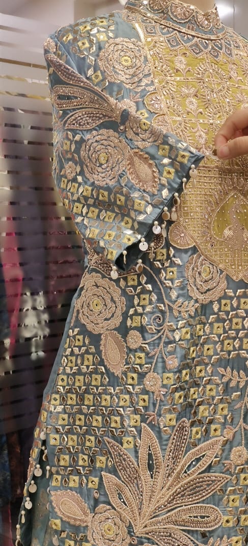 Pastel Combination Heavy Embroidered Work Tasseled Short Kurta With Brocade Panel Palazzo Bottom & Dupatta- 11744