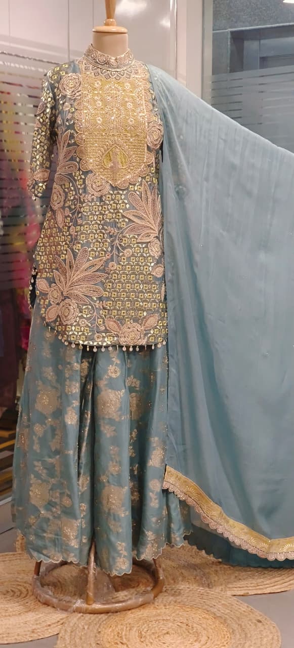 Pastel Combination Heavy Embroidered Work Tasseled Short Kurta With Brocade Panel Palazzo Bottom & Dupatta- 11744