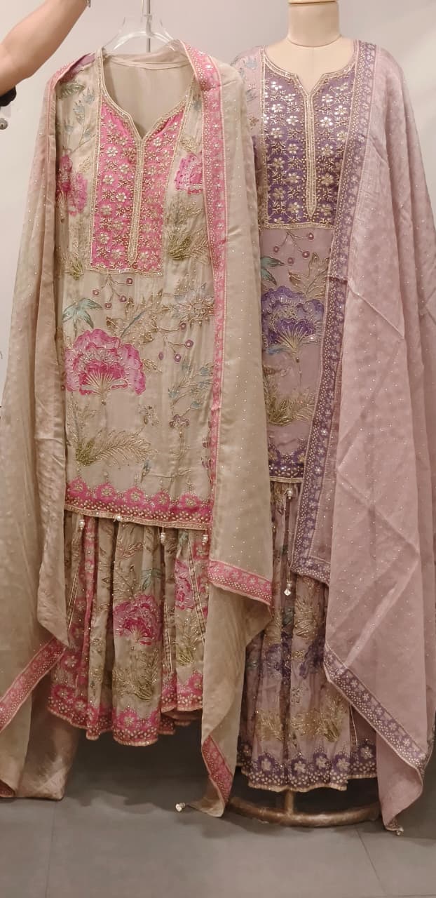 Heavy Floral Print Shimmer Tissue Full Embroidered Sharara Set With Matching Mukesh Work Dupatta