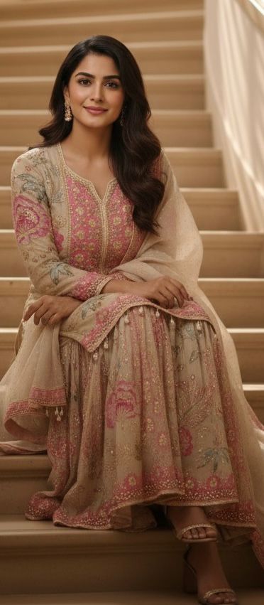 Heavy Floral Print Shimmer Tissue Full Embroidered Sharara Set With Matching Mukesh Work Dupatta