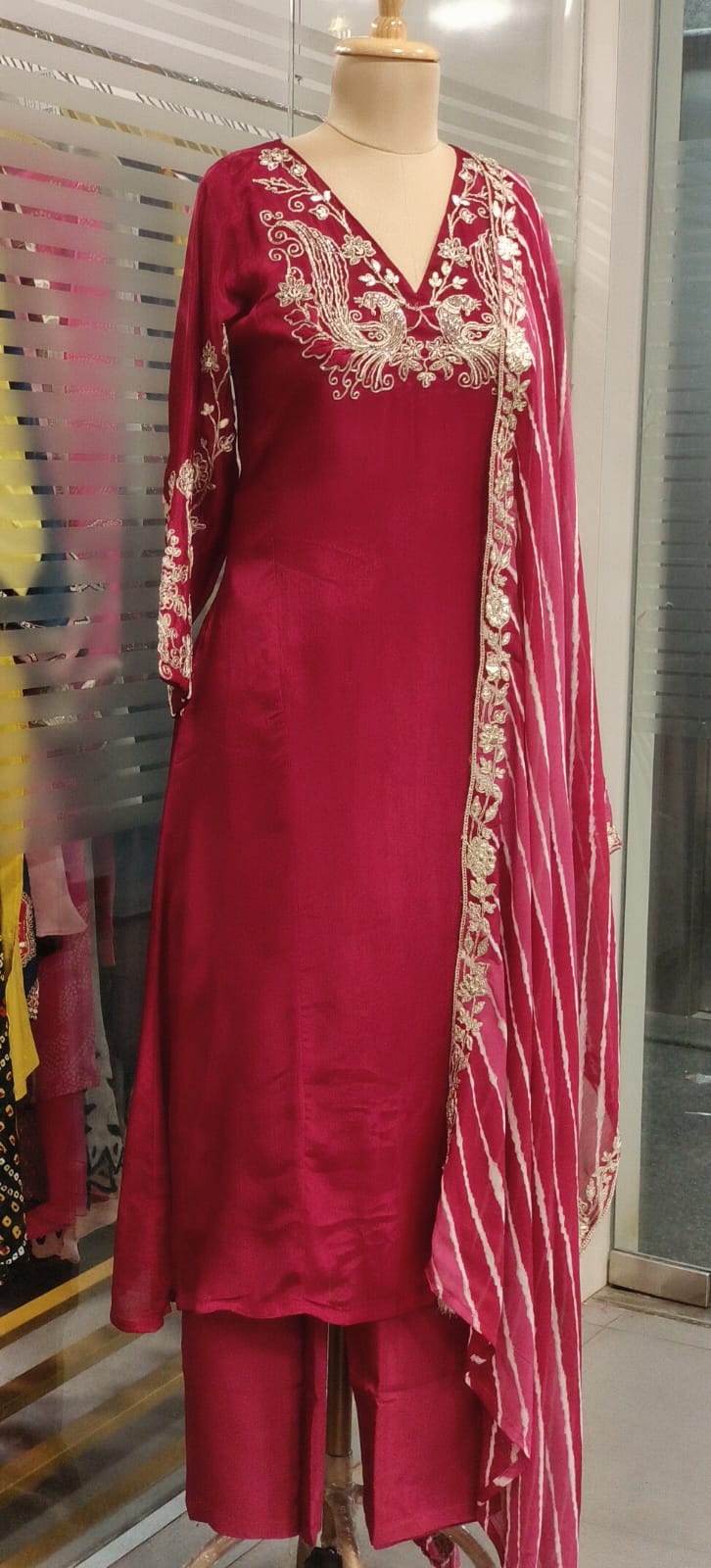 Peacock Zardosi Work A-Line Full Suit Set With Striped Dupatta In Chinon Fabric- 11784, 11783