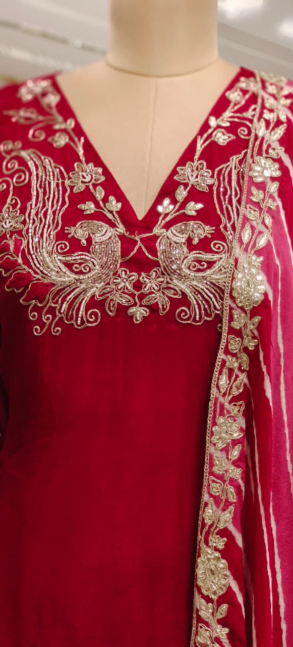 Peacock Zardosi Work A-Line Full Suit Set With Striped Dupatta In Chinon Fabric- 11784, 11783