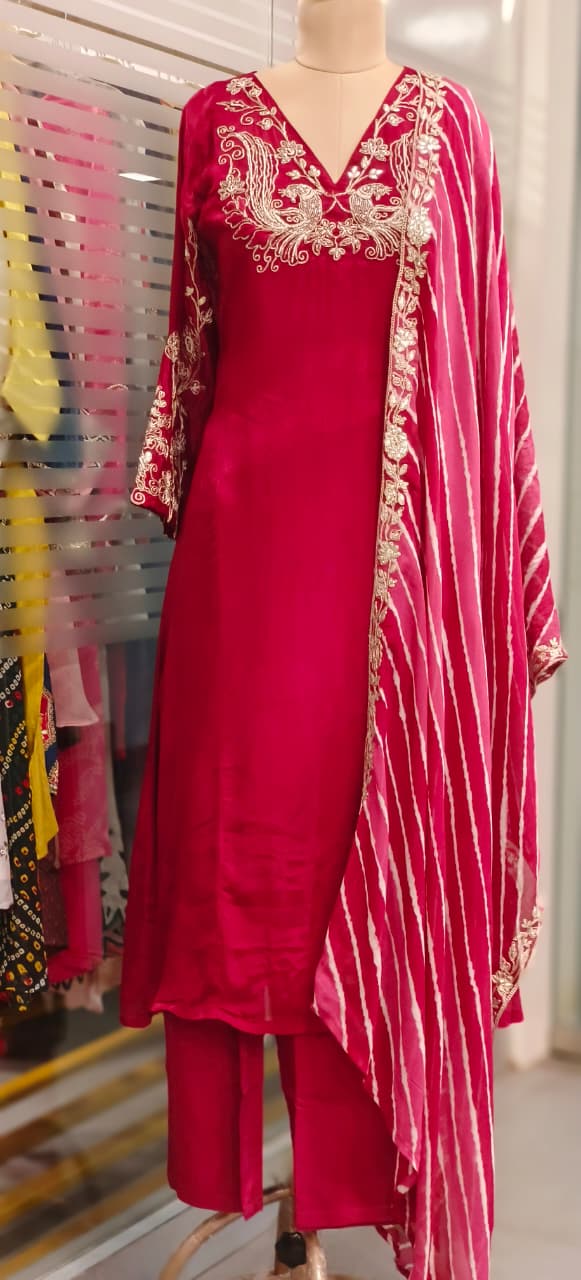 Peacock Zardosi Work A-Line Full Suit Set With Striped Dupatta In Chinon Fabric- 11784, 11783