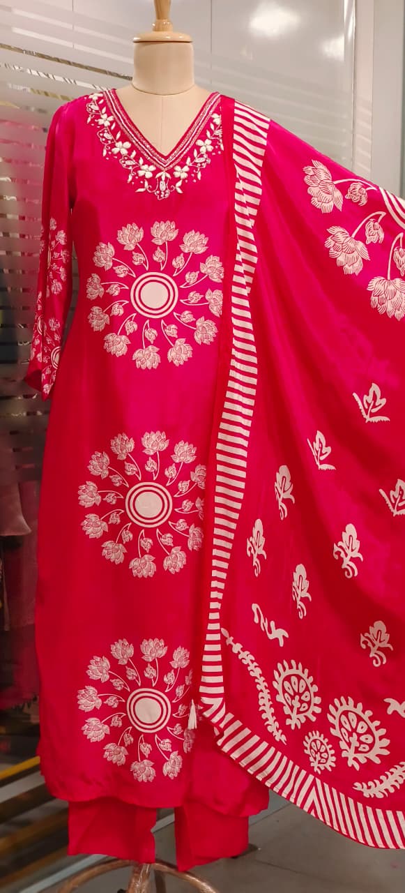 Minimal Neck Line Floral Printed Full Suit Set With Dupatta In Crepe Fabric- 11795,11794