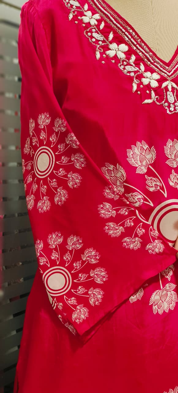 Minimal Neck Line Floral Printed Full Suit Set With Dupatta In Crepe Fabric- 11795,11794