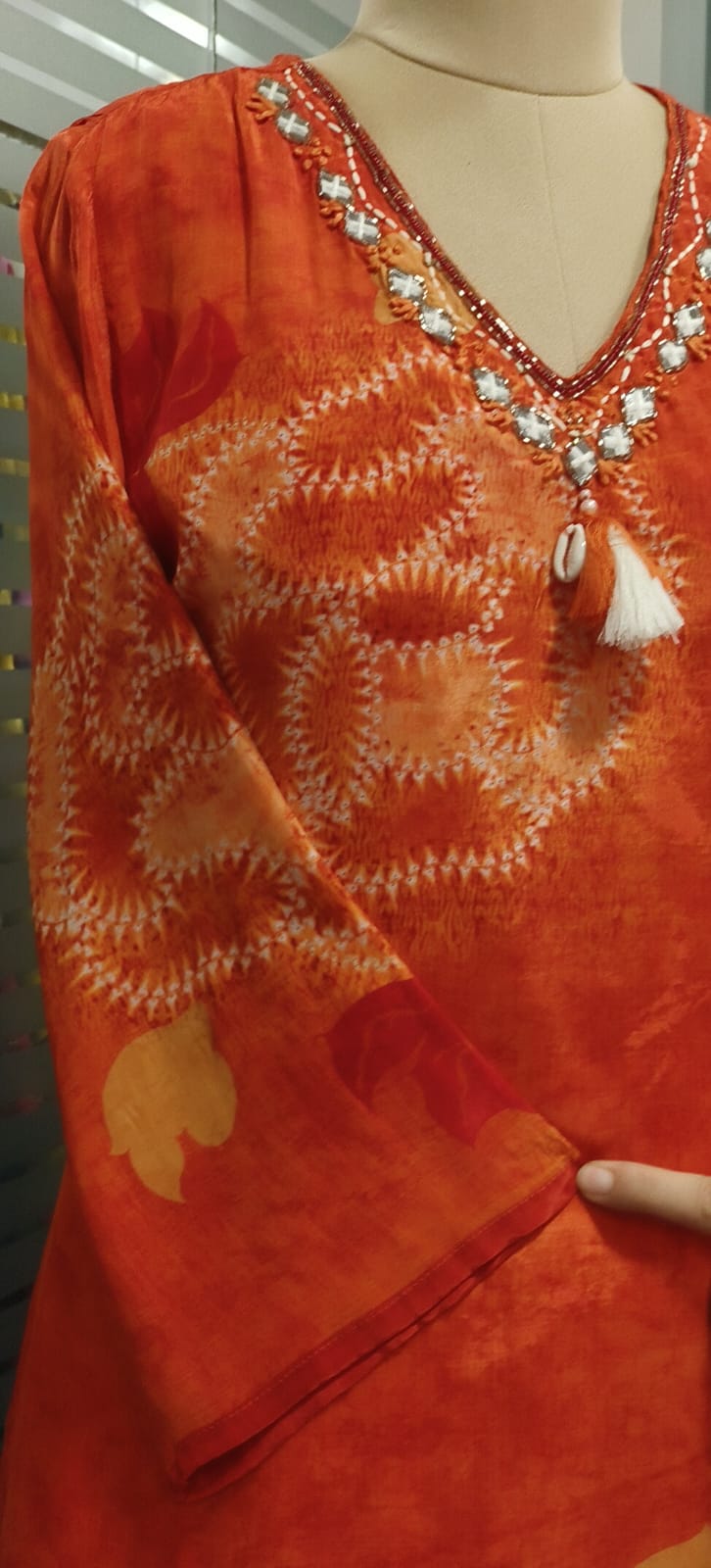 Minimal Neck Line Tassel Hang Printed Full Suit Set With Dupatta In Crepe Fabric- 11796