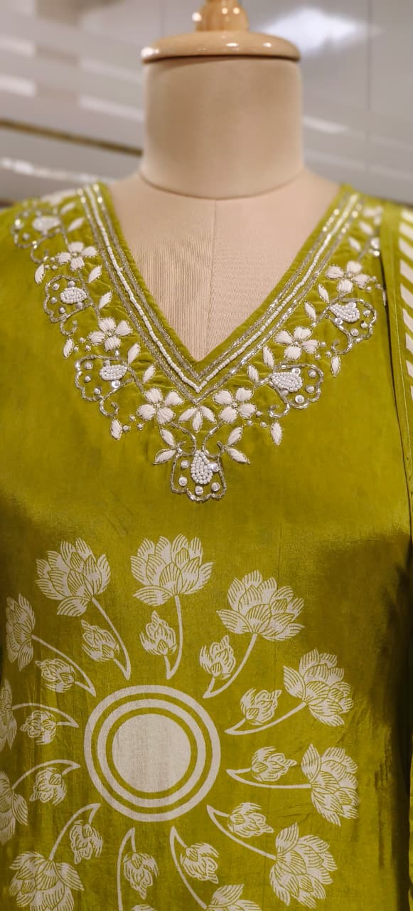 Minimal Neck Line Floral Printed Full Suit Set With Dupatta In Crepe Fabric- 11795,11794