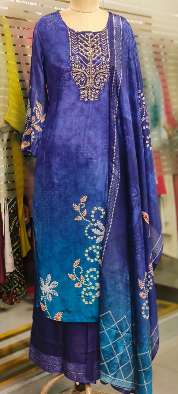 Beads Embelished Front Work Printed Full Suit Set With Dupatta In Crepe Fabric- 11800