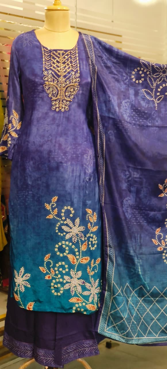 Beads Embelished Front Work Printed Full Suit Set With Dupatta In Crepe Fabric- 11800