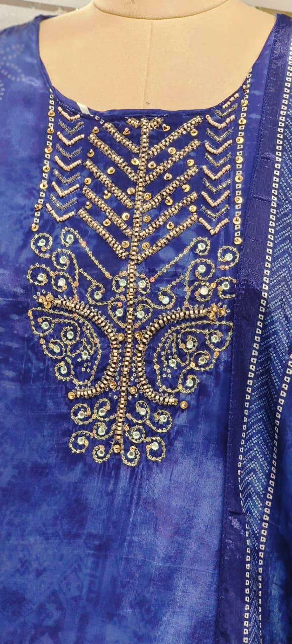 Beads Embelished Front Work Printed Full Suit Set With Dupatta In Crepe Fabric- 11800