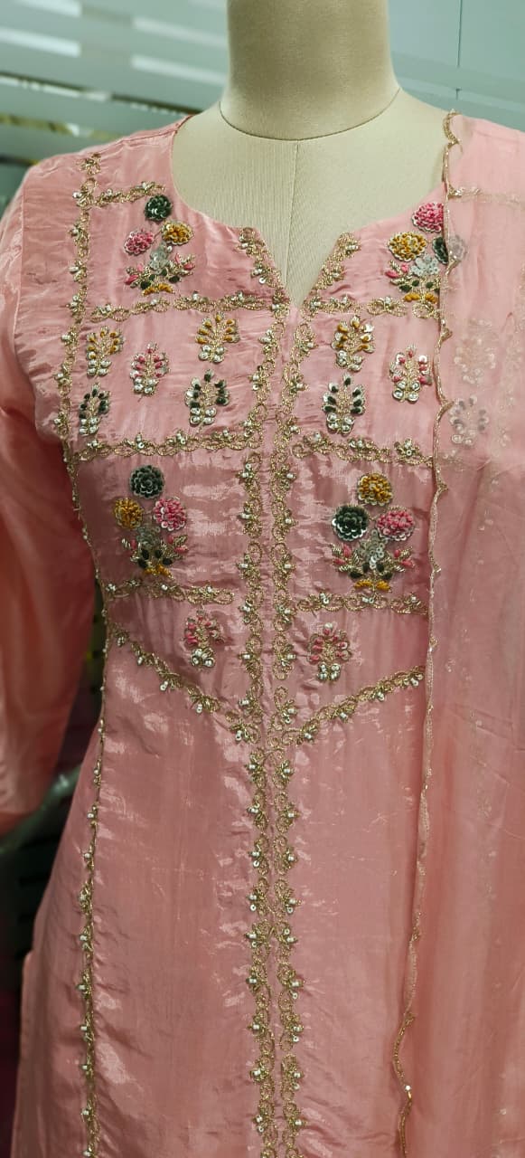 Pop Out Floral Embroidery Full Suit With Loose Palazzo Bottom & Dupatta In Crepe Fabric- 11821