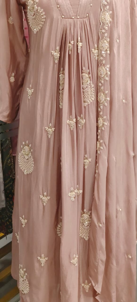 Pastel Elegance Glass Neck Embroidered Chinon Anarkali Full Suit Set With Dupatta- 11797, 11798