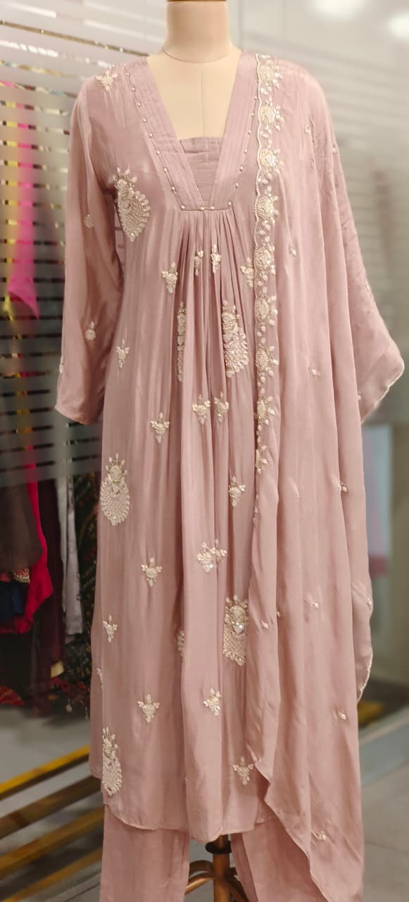 Pastel Elegance Glass Neck Embroidered Chinon Anarkali Full Suit Set With Dupatta- 11797, 11798