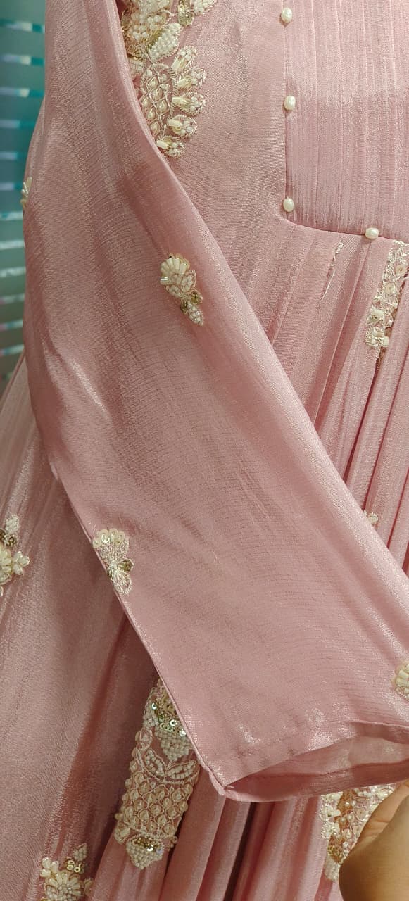 Pastel Elegance Glass Neck Embroidered Chinon Anarkali Full Suit Set With Dupatta- 11797, 11798