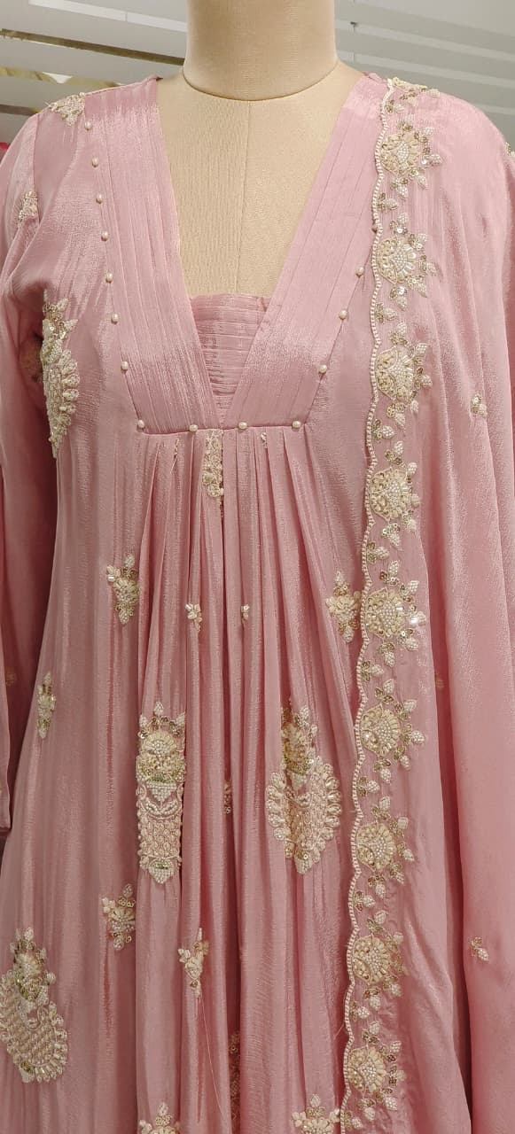Pastel Elegance Glass Neck Embroidered Chinon Anarkali Full Suit Set With Dupatta- 11797, 11798