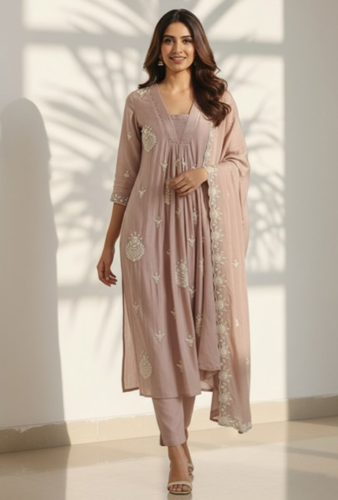 Pastel Elegance Glass Neck Embroidered Chinon Anarkali Full Suit Set With Dupatta- 11797, 11798