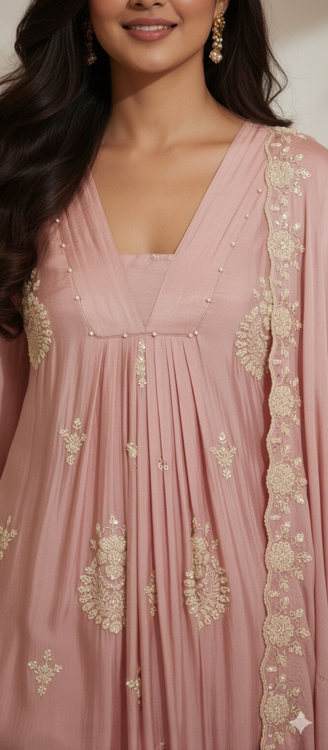 Pastel Elegance Glass Neck Embroidered Chinon Anarkali Full Suit Set With Dupatta- 11797, 11798