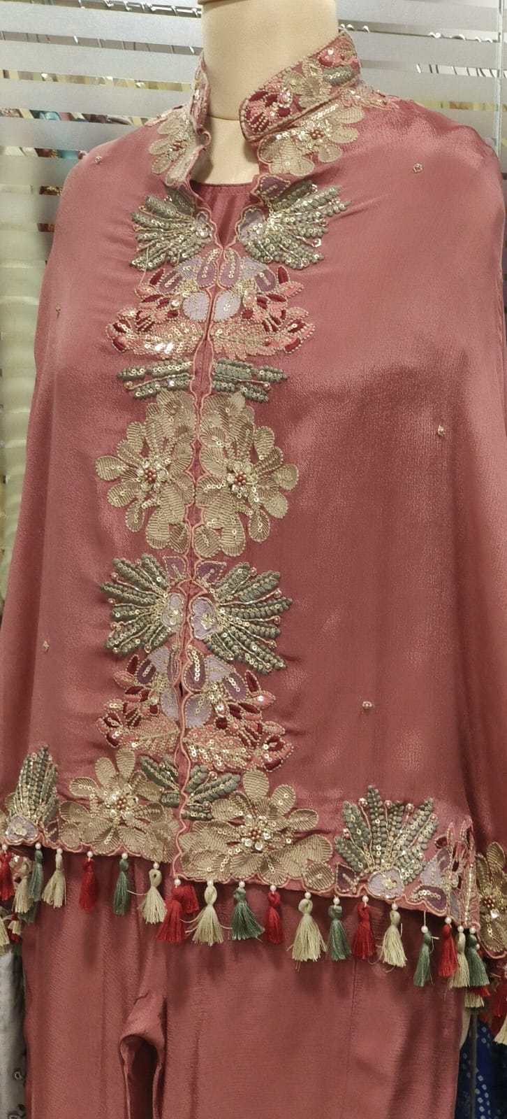 Fully Thread Tasseled Stylish Floral Cut Work Look Embroidered Indo-Western Wear Short Length Kurta With Inner & Tapared Palazzo In Chinon Fabric- 11817