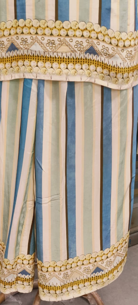 Unique Designer Tasseled & Foil Work Striped Co-Ord Set In Crepe Fabric- 11788