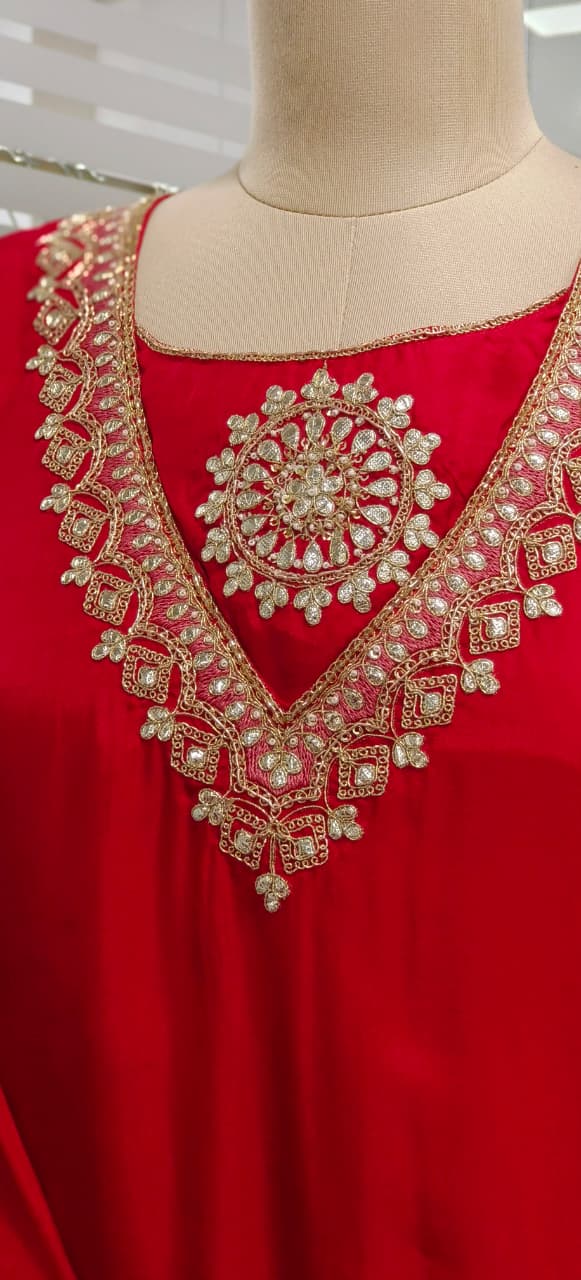 Beautiful Neck Line Front Work A-Line Russian Silk Full Suit Set With Dupatta & Mul Chanderi Palazzo Bottom- 11827