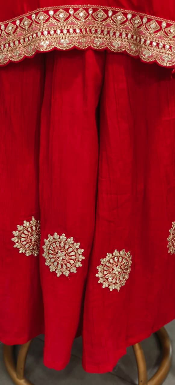 Beautiful Neck Line Front Work A-Line Russian Silk Full Suit Set With Dupatta & Mul Chanderi Palazzo Bottom- 11827
