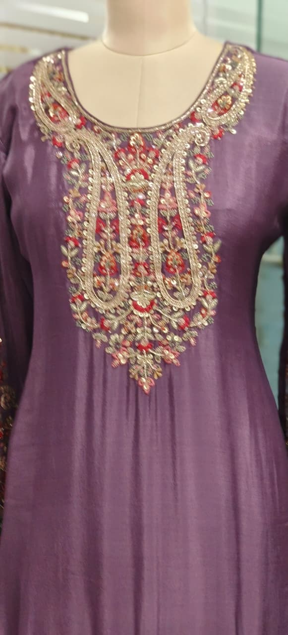 Heavily Embroidered Panel Full Suit Set With Sharara Bottom & Dupatta In Chinon Fabric- 11824