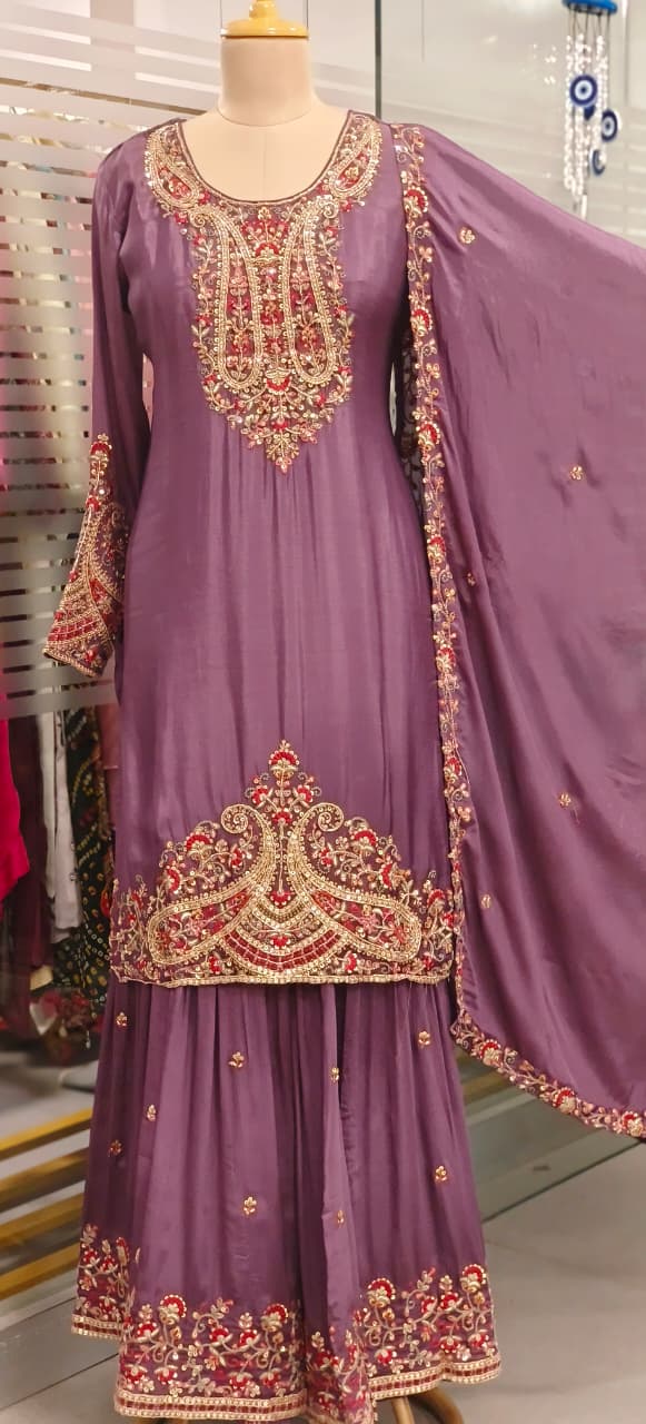Heavily Embroidered Panel Full Suit Set With Sharara Bottom & Dupatta In Chinon Fabric- 11824