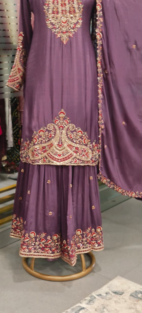 Heavily Embroidered Panel Full Suit Set With Sharara Bottom & Dupatta In Chinon Fabric- 11824