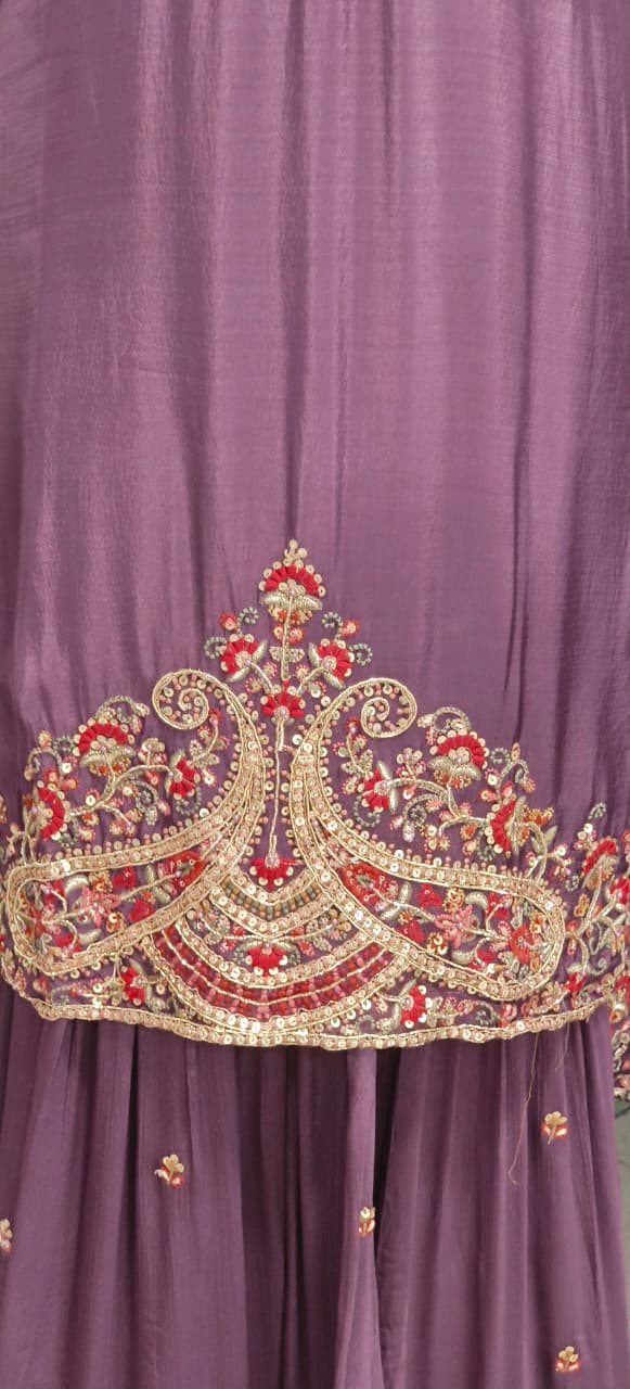 Heavily Embroidered Panel Full Suit Set With Sharara Bottom & Dupatta In Chinon Fabric- 11824