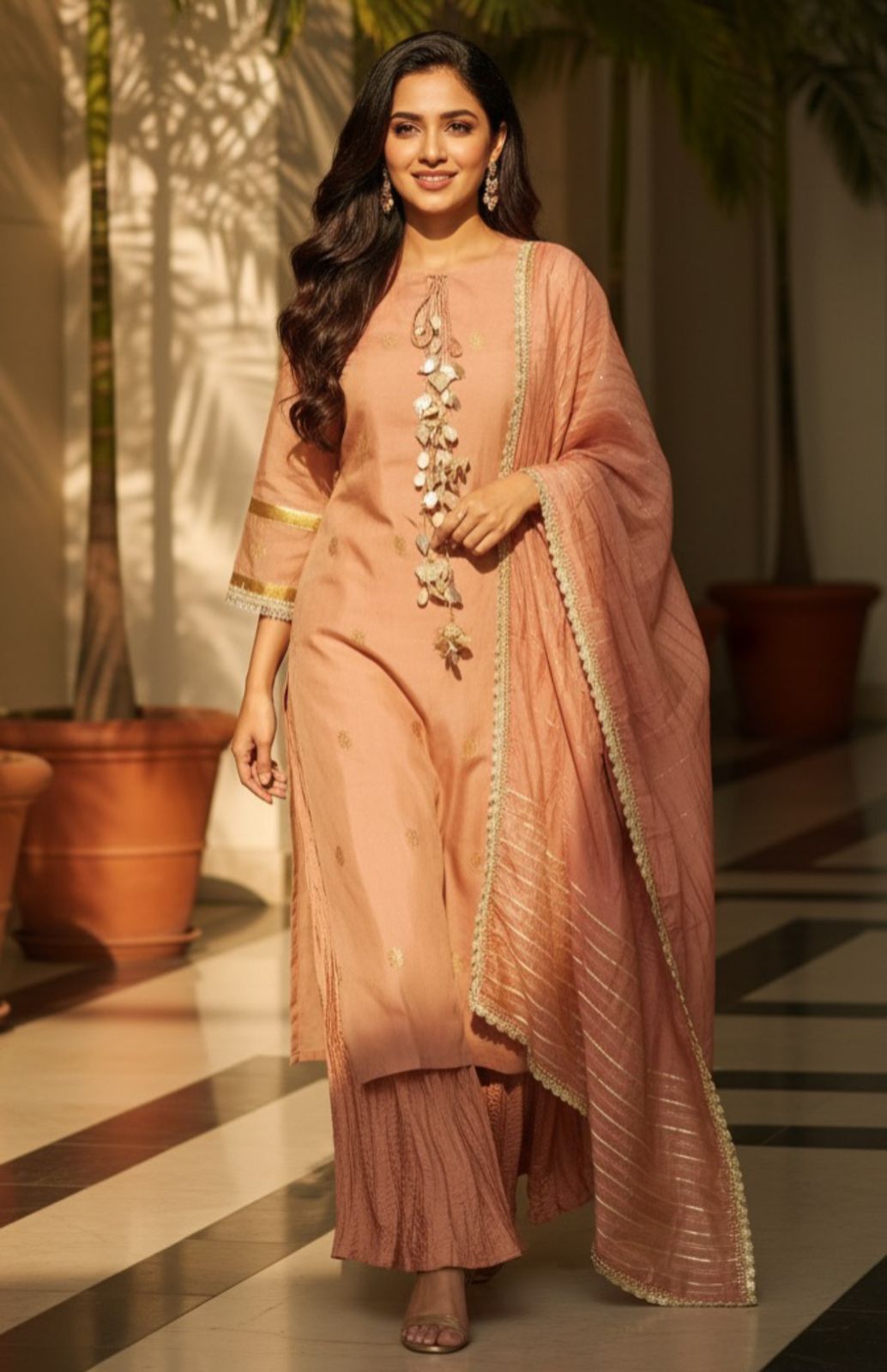 Pure Chanderi Banarasi TouchTassel Hang Full Suit Set With Dupatta & Crush Bottom- 11714