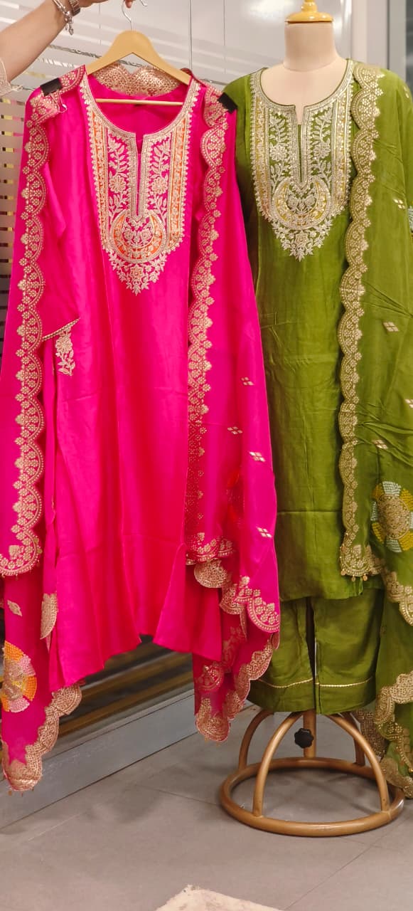 Heavy Designer Machine Work Vibrant Full Suit Set With Cut Work Bordered Dupatta & Pocket- 11829,11830