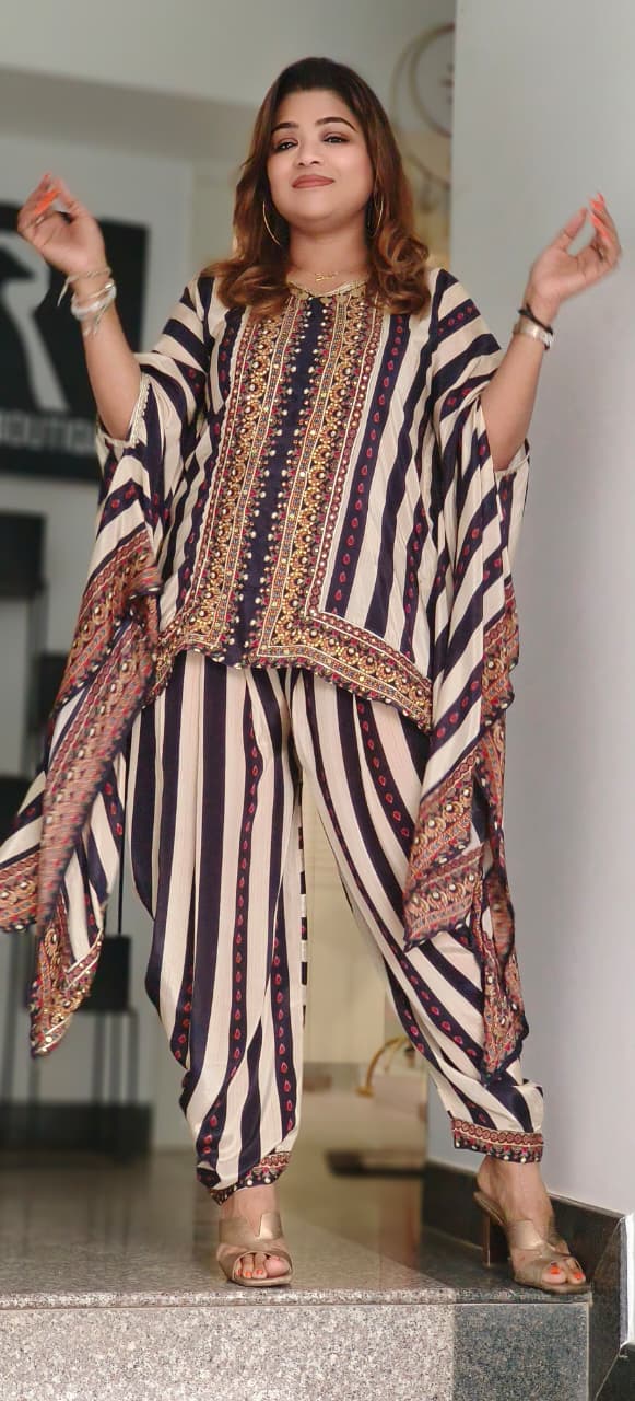 Very Stylsih Coin Tassel Front Line Striped Kaftan With Tulip Kind Bottom In Crepe Fabric- 11785