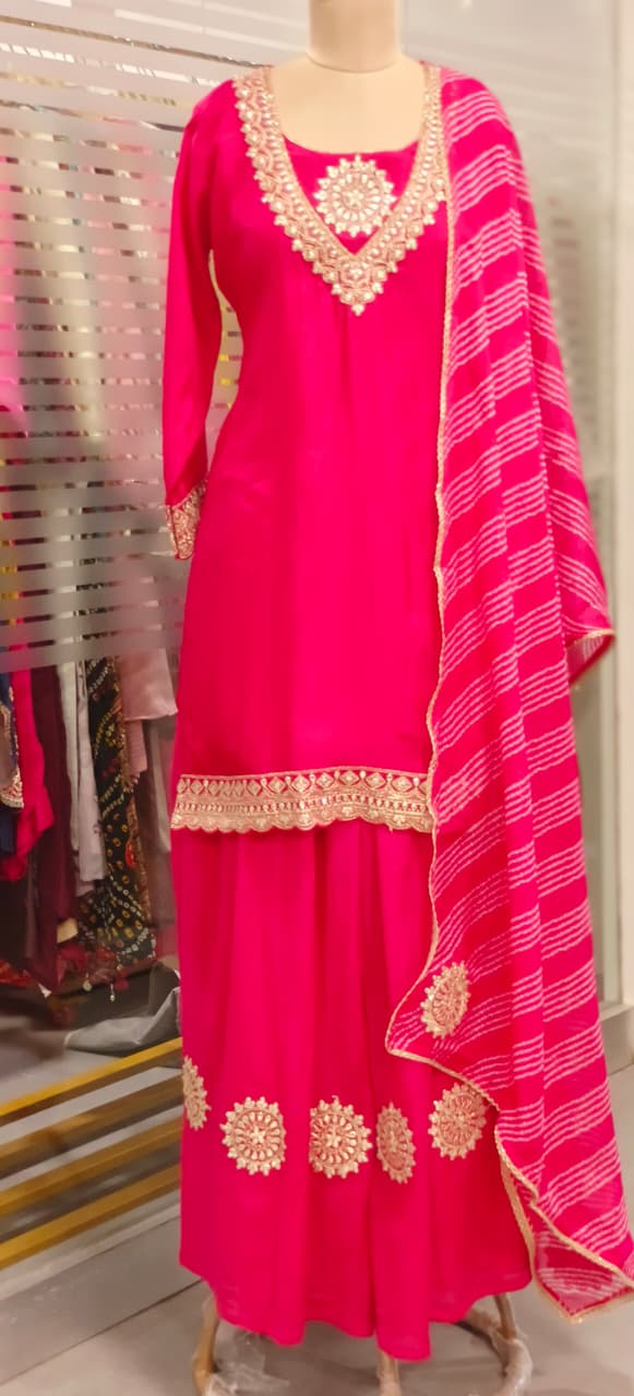 Beautiful Neck Line Front Work A-Line Russian Silk Full Suit Set With Dupatta & Mul Chanderi Palazzo Bottom (Loose Fit)- 11827