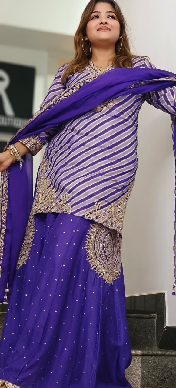 Zari Embroidered Leheriya Full Suit Set With Bordered Dupatta & Beautifully Worked Flared Panel Palazzo Bottom In HO Silk Fabric- 11459