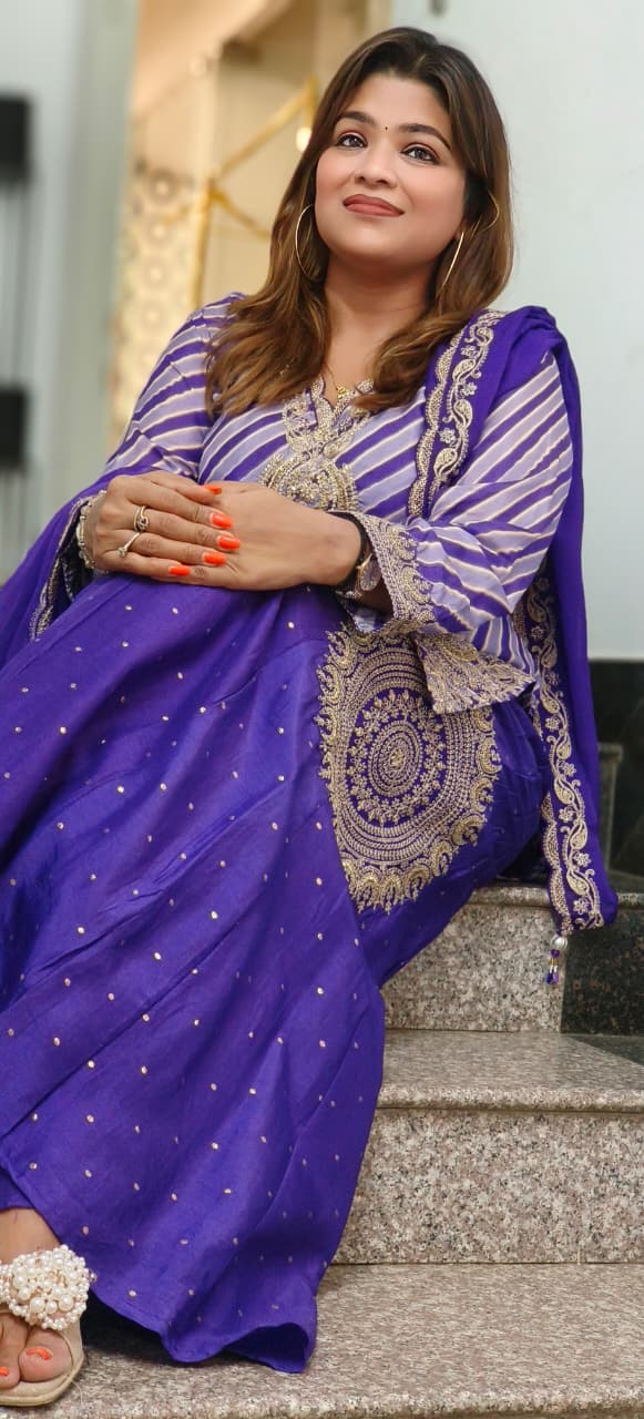 Zari Embroidered Leheriya Full Suit Set With Bordered Dupatta & Beautifully Worked Flared Panel Palazzo Bottom In HO Silk Fabric- 11459